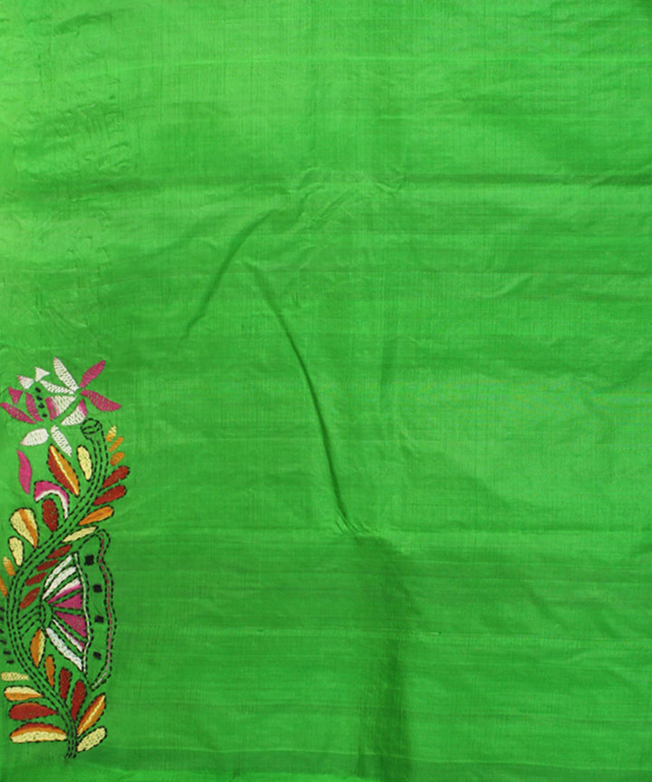 Dark pastel green tussar silk handloom kantha stitch saree