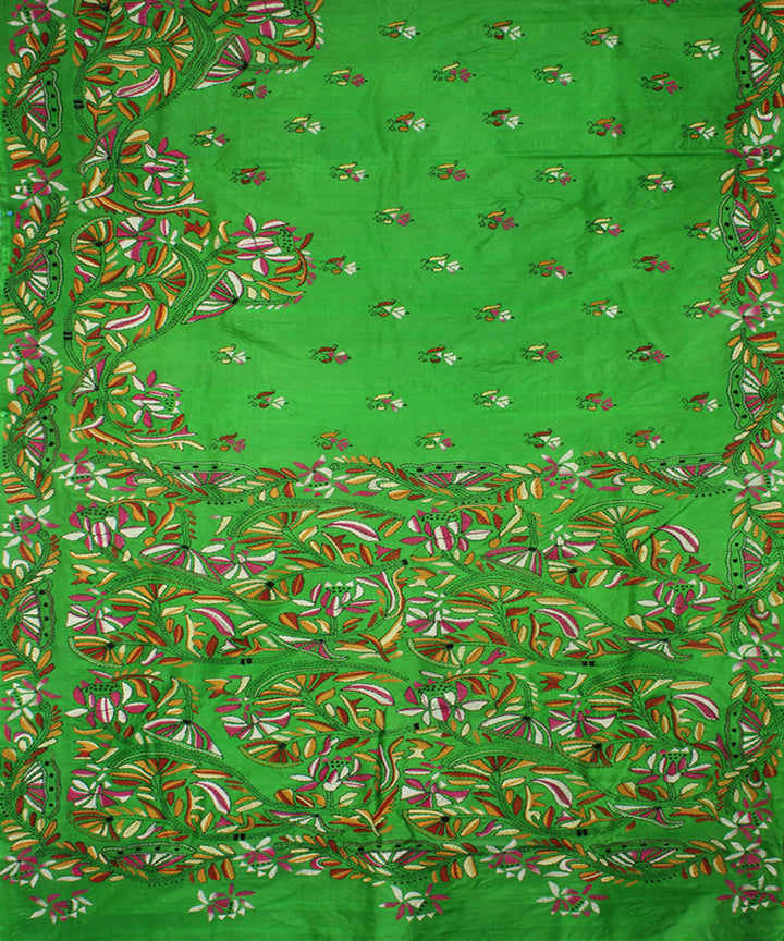 Dark pastel green tussar silk handloom kantha stitch saree