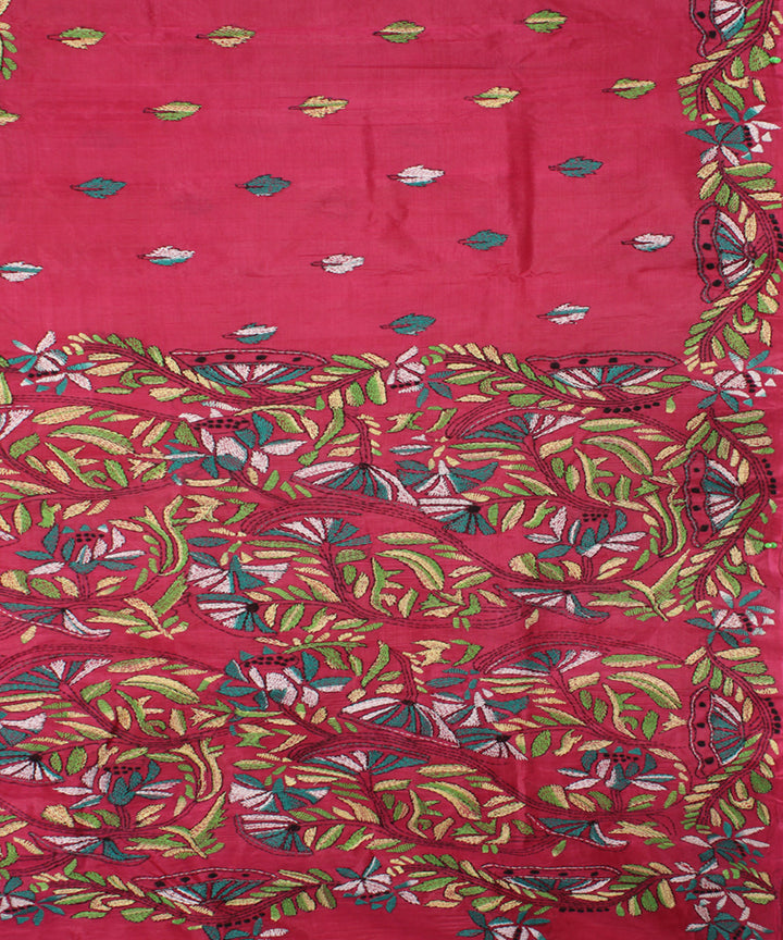Deep pink tussar silk hand embroidery kantha stitch saree