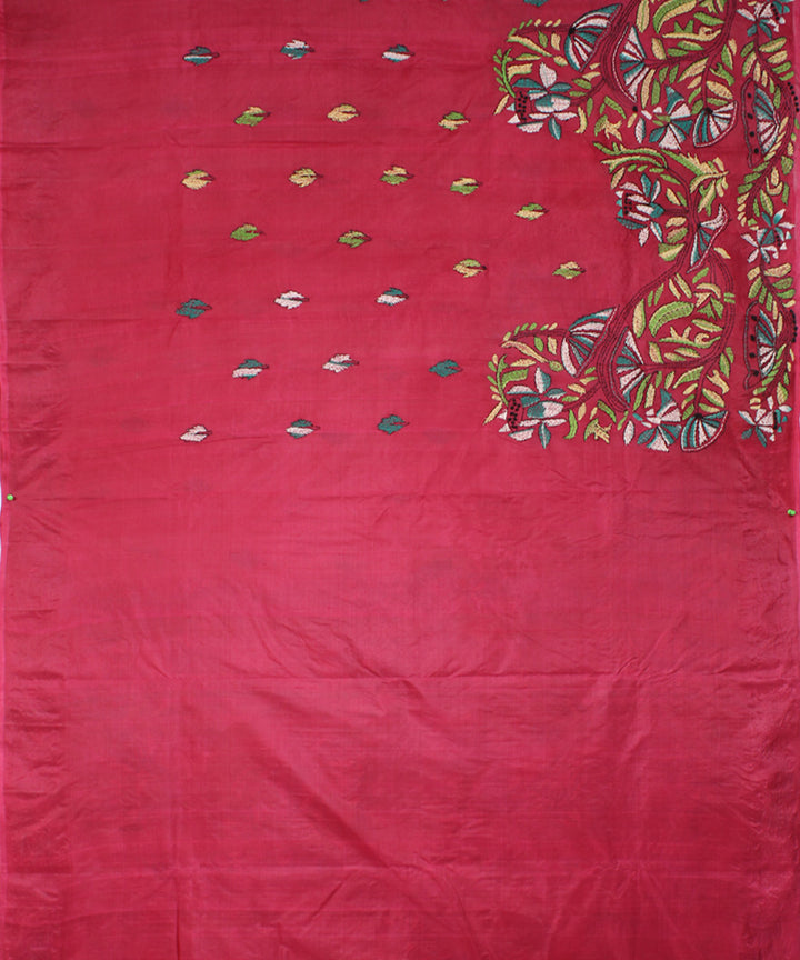 Deep pink tussar silk hand embroidery kantha stitch saree