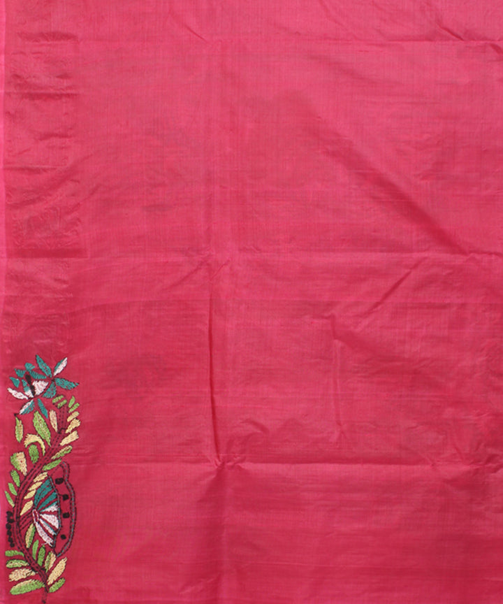 Deep pink tussar silk hand embroidery kantha stitch saree