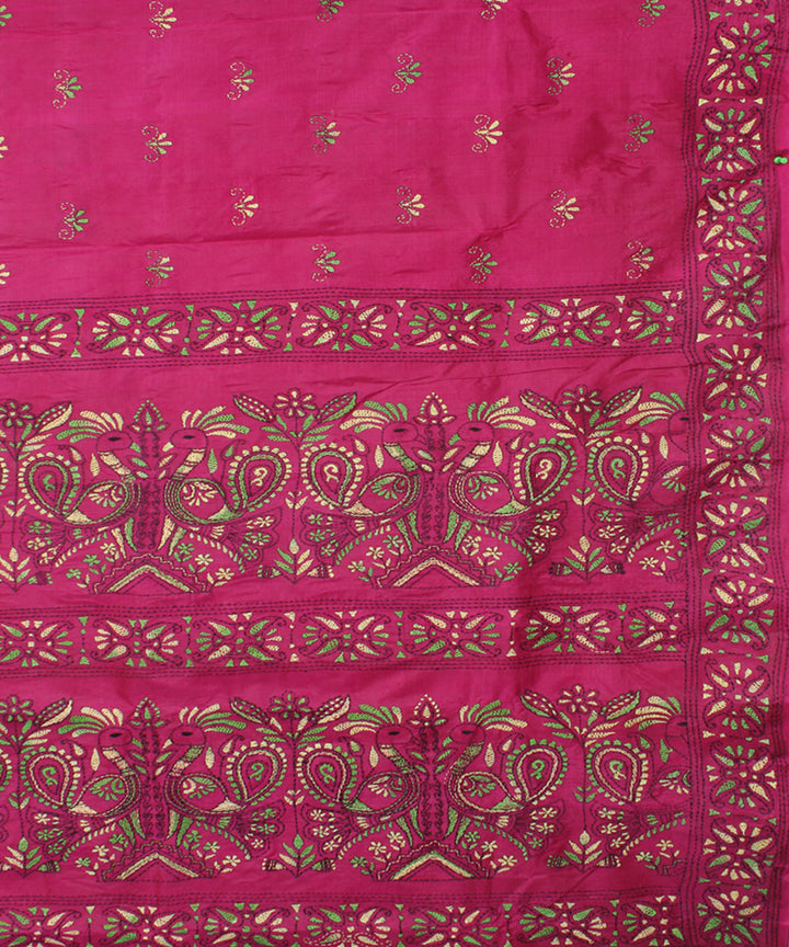 Amaranth purple tussar silk hand embroidery kantha stitch saree