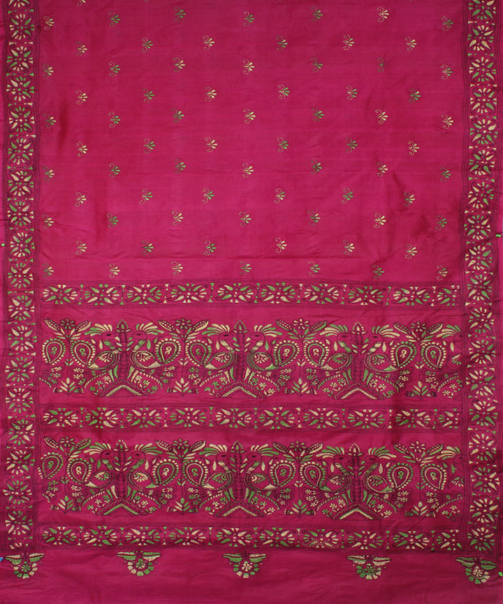 Amaranth purple tussar silk hand embroidery kantha stitch saree