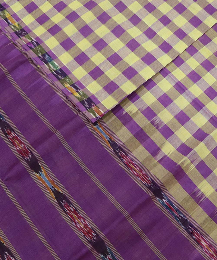 Purple yellow checks handloom cotton bandar saree