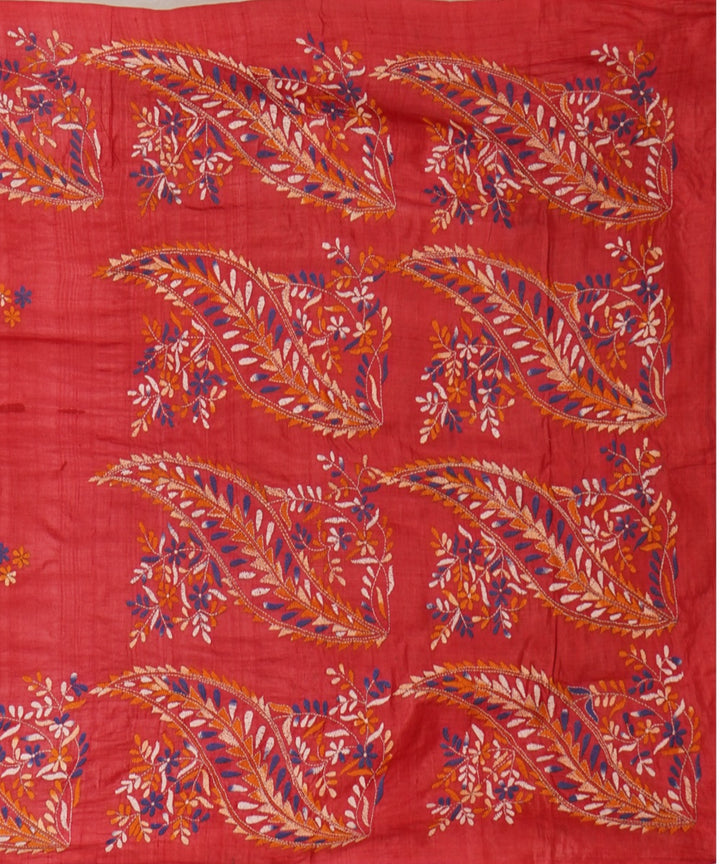 Tantuja red handloom cotton hand embroidery kantha stitch saree