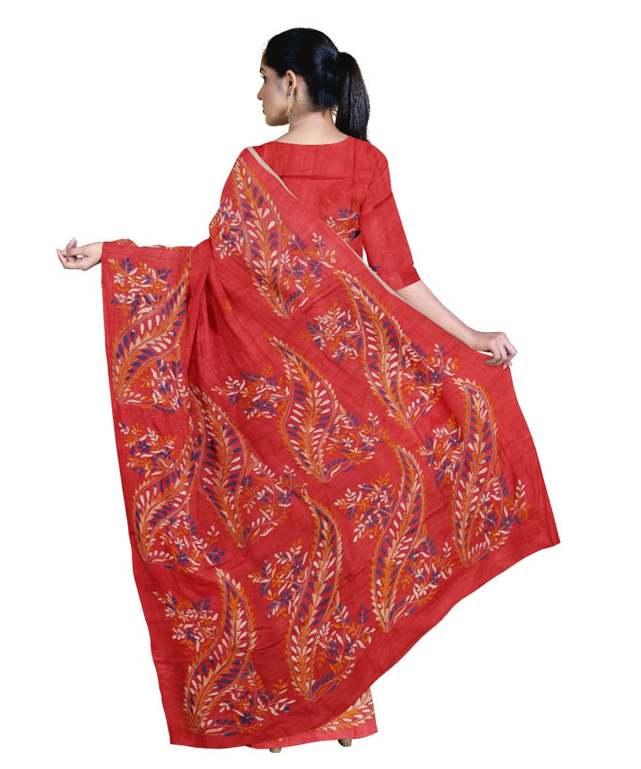 Tantuja red handloom cotton hand embroidery kantha stitch saree