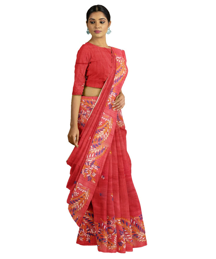 Tantuja red handloom cotton hand embroidery kantha stitch saree