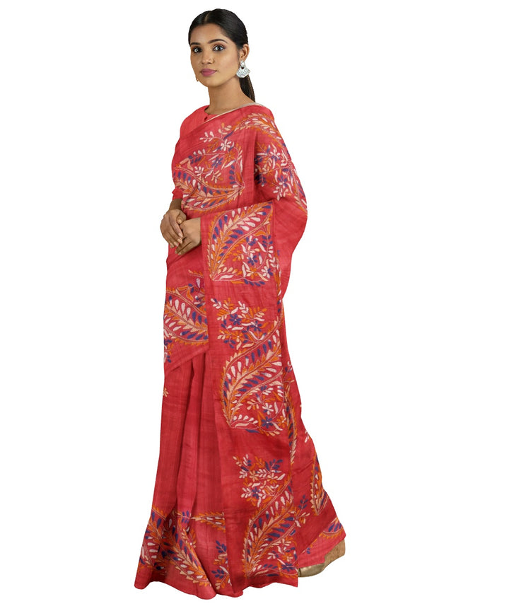 Tantuja red handloom cotton hand embroidery kantha stitch saree