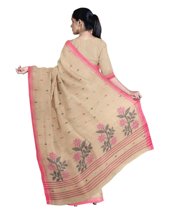 Tantuja brown beige handloom cotton jamdani saree