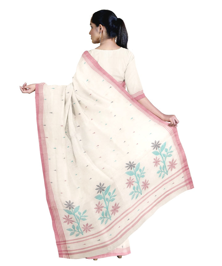 Tantuja white and mauve handloom cotton jamdani saree