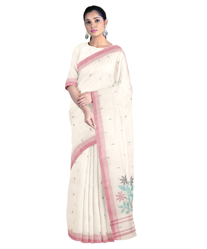 Tantuja white and mauve handloom cotton jamdani saree