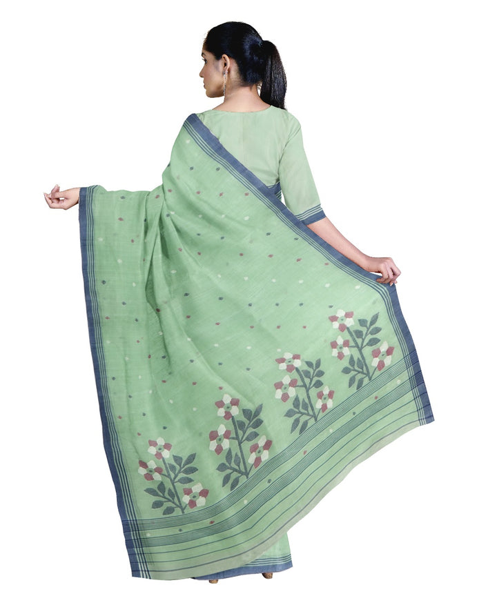 Tantuja teal green handloom cotton jamdani saree