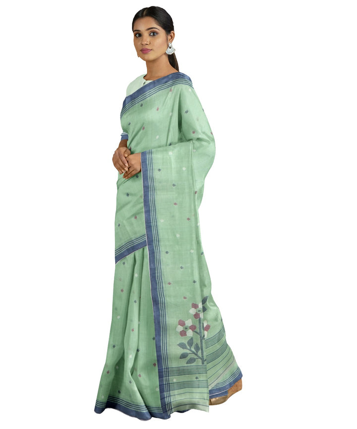 Tantuja teal green handloom cotton jamdani saree