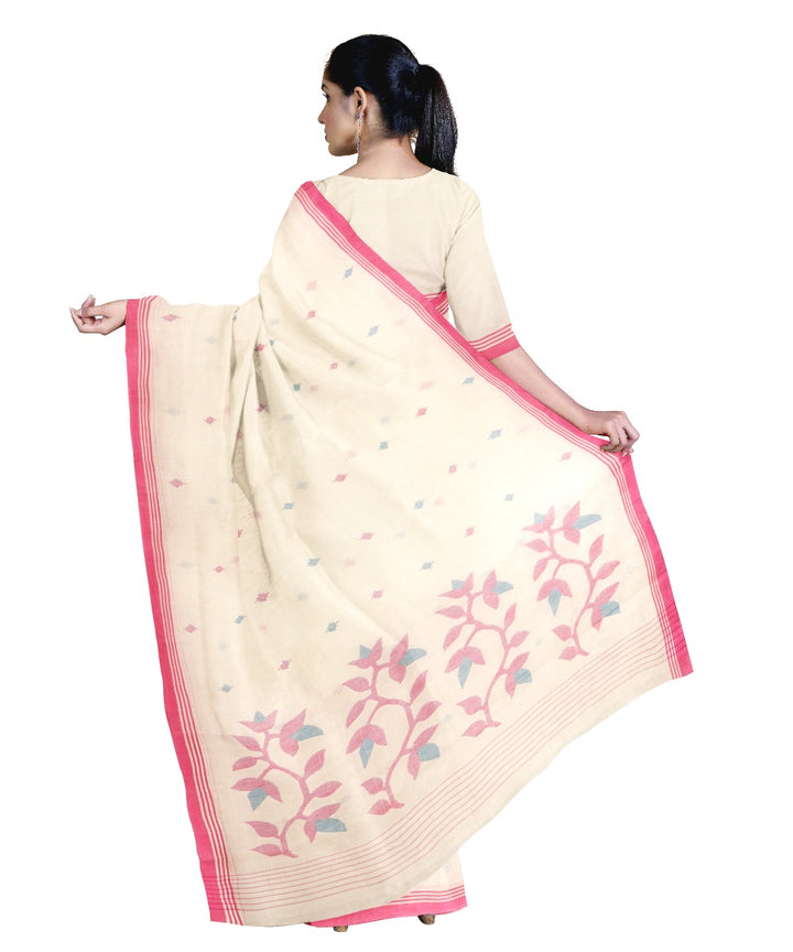 Tantuja beige handwoven cotton jamdani saree