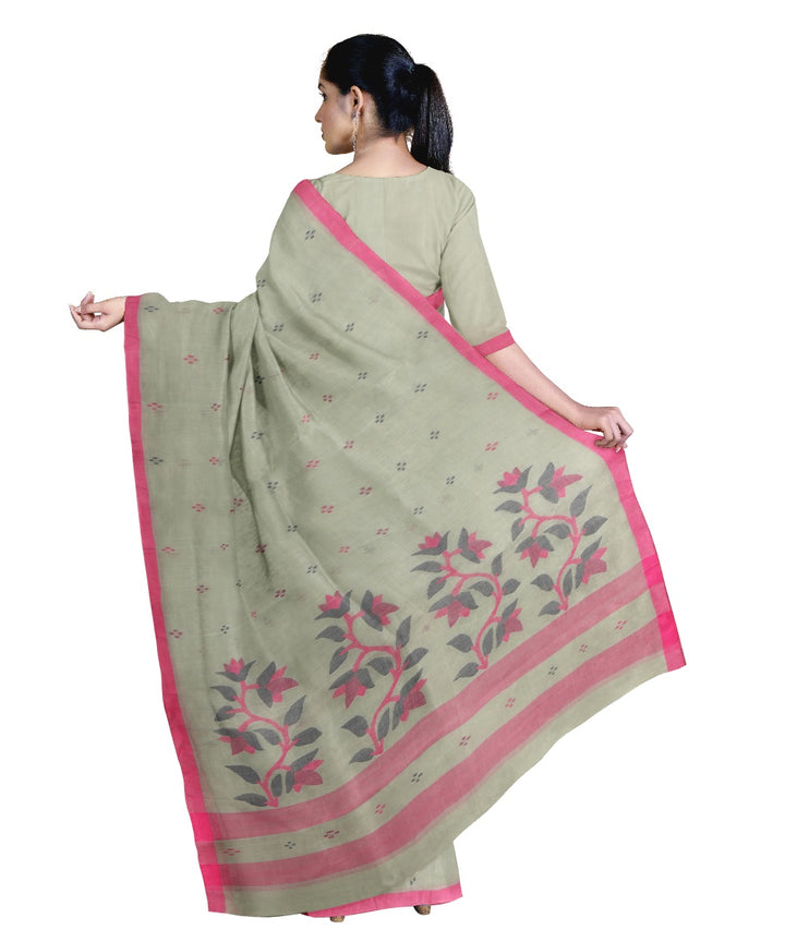 Tantuja grey green handloom cotton jamdani saree