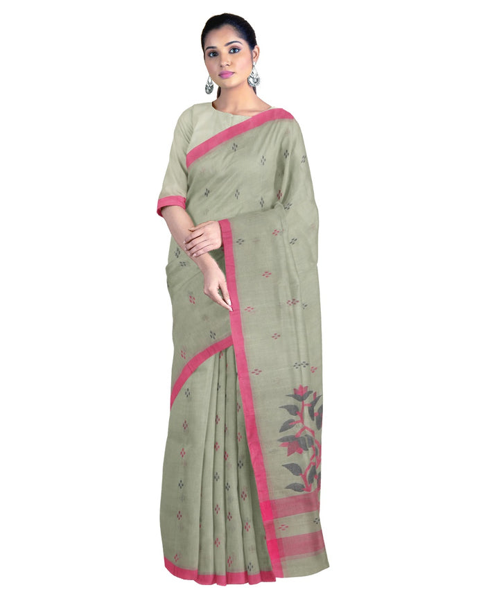 Tantuja grey green handloom cotton jamdani saree