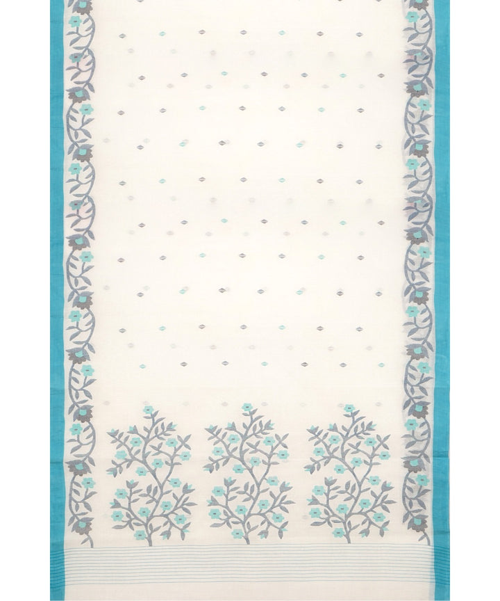 Tantuja white and blue handloom cotton jamdani saree