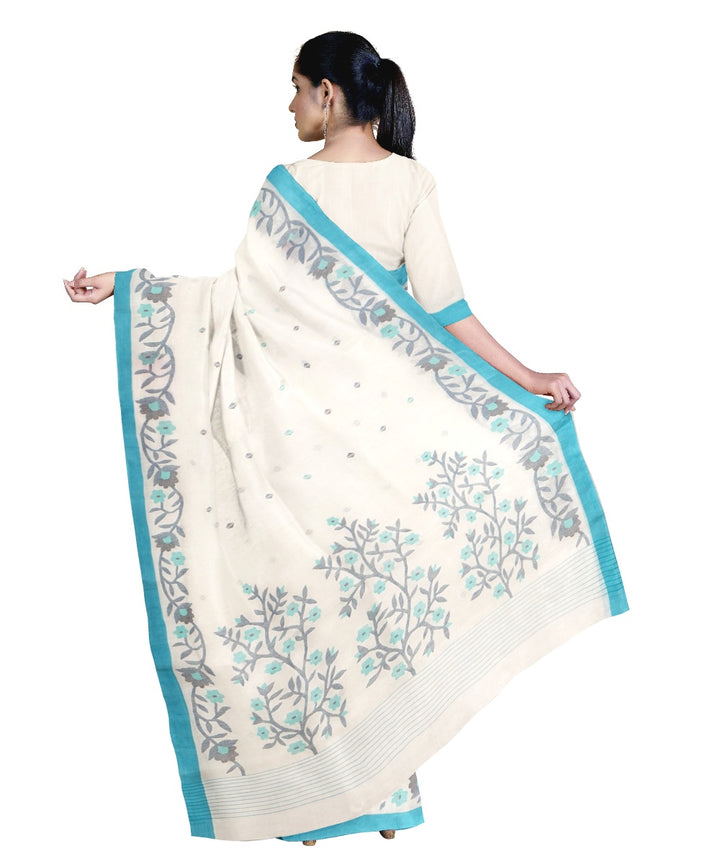 Tantuja white and blue handloom cotton jamdani saree