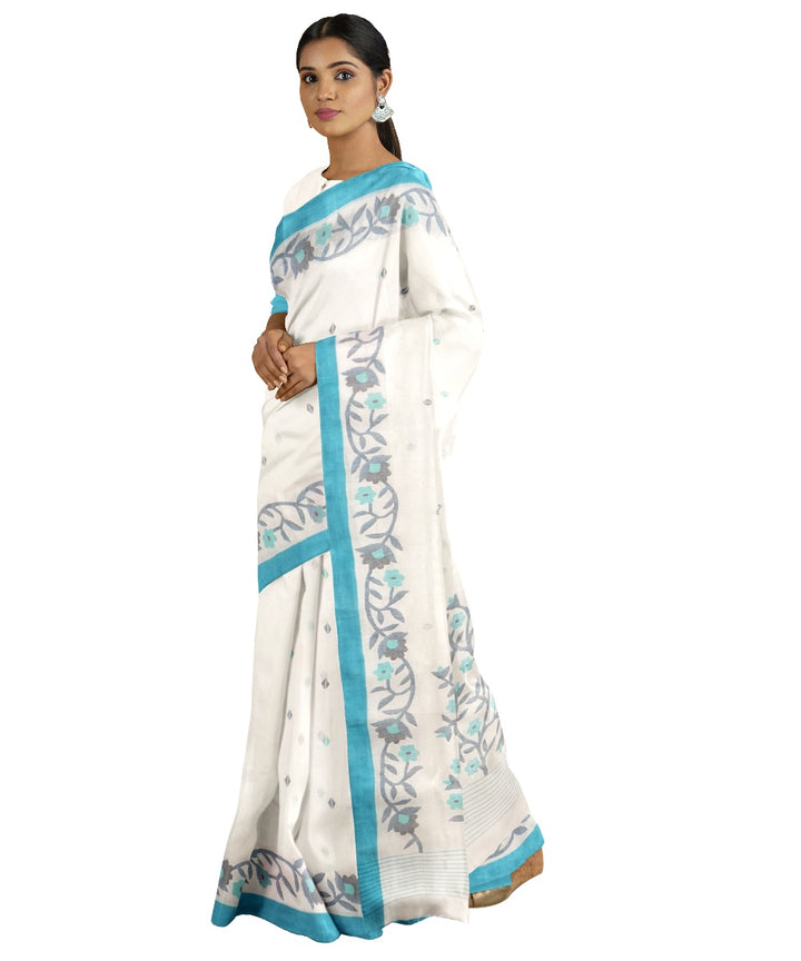 Tantuja white and blue handloom cotton jamdani saree