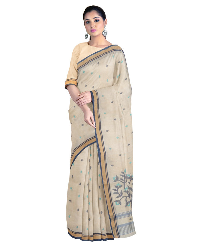 Tantuja handwoven beige cotton jamdani saree
