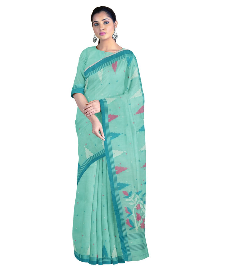 Tantuja cyan green handloom cotton silk jamdani saree