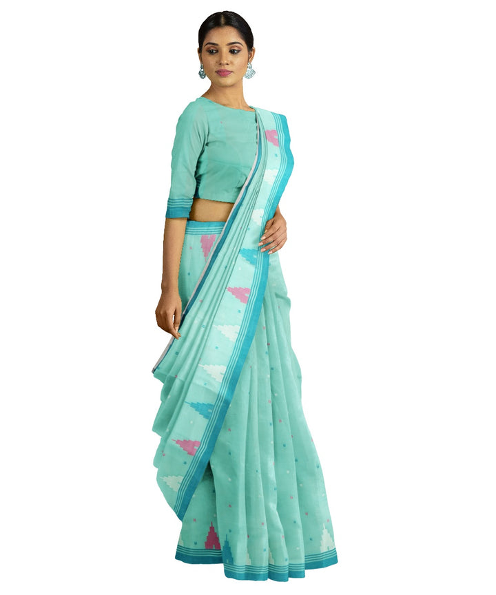 Tantuja cyan green handloom cotton silk jamdani saree