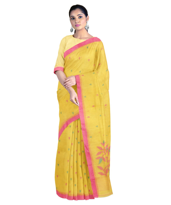 Tantuja mustard pink handloom cotton jamdani saree