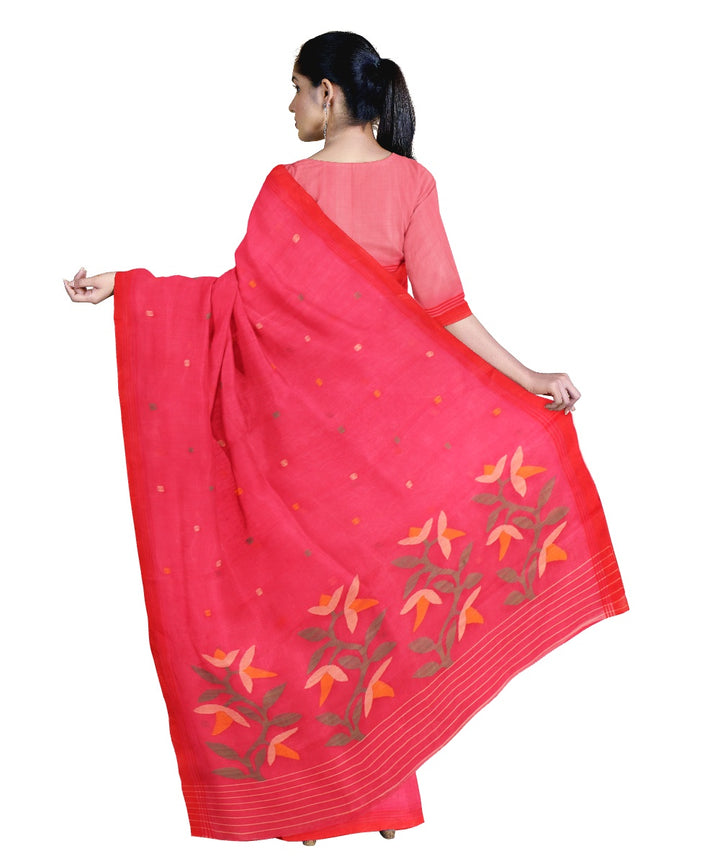 Tantuja red pink handloom cotton jamdani saree
