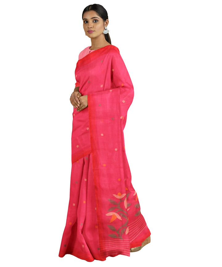 Tantuja red pink handloom cotton jamdani saree