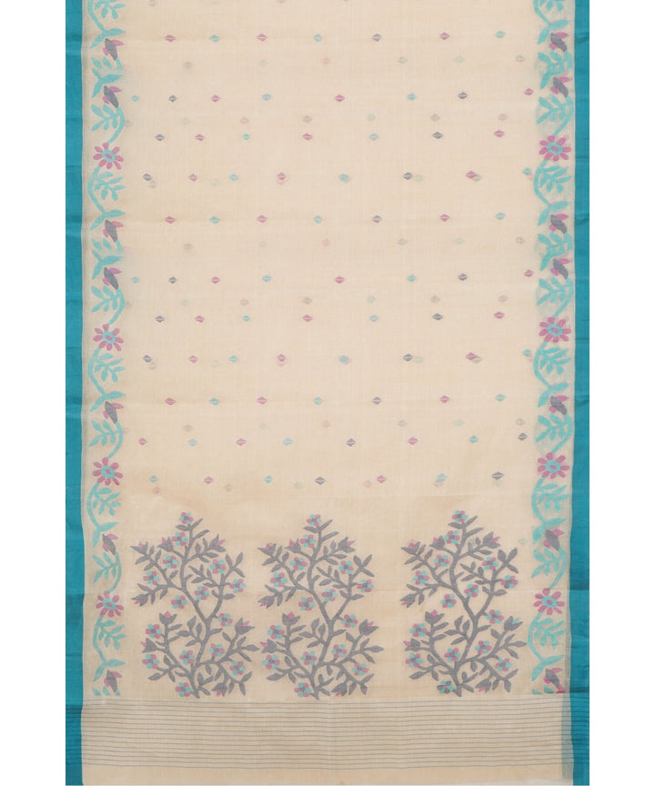 Tantuja beige and blue handwoven cotton jamdani saree