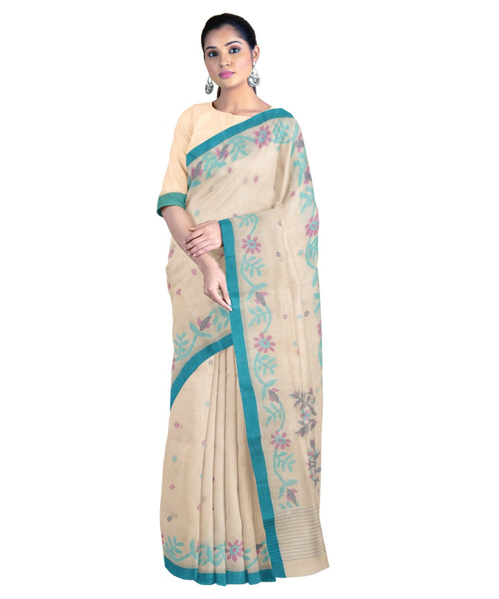 Tantuja beige and blue handwoven cotton jamdani saree