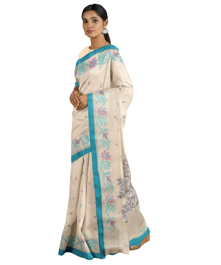 Tantuja beige and blue handwoven cotton jamdani saree