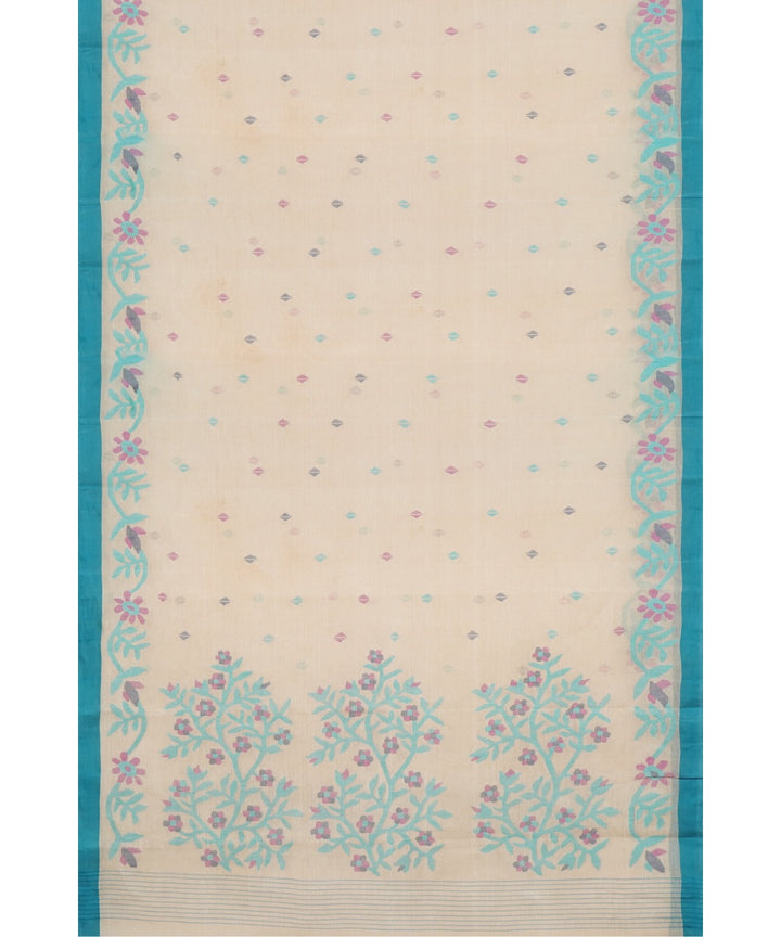 Tantuja beige blue handloom cotton jamdani saree