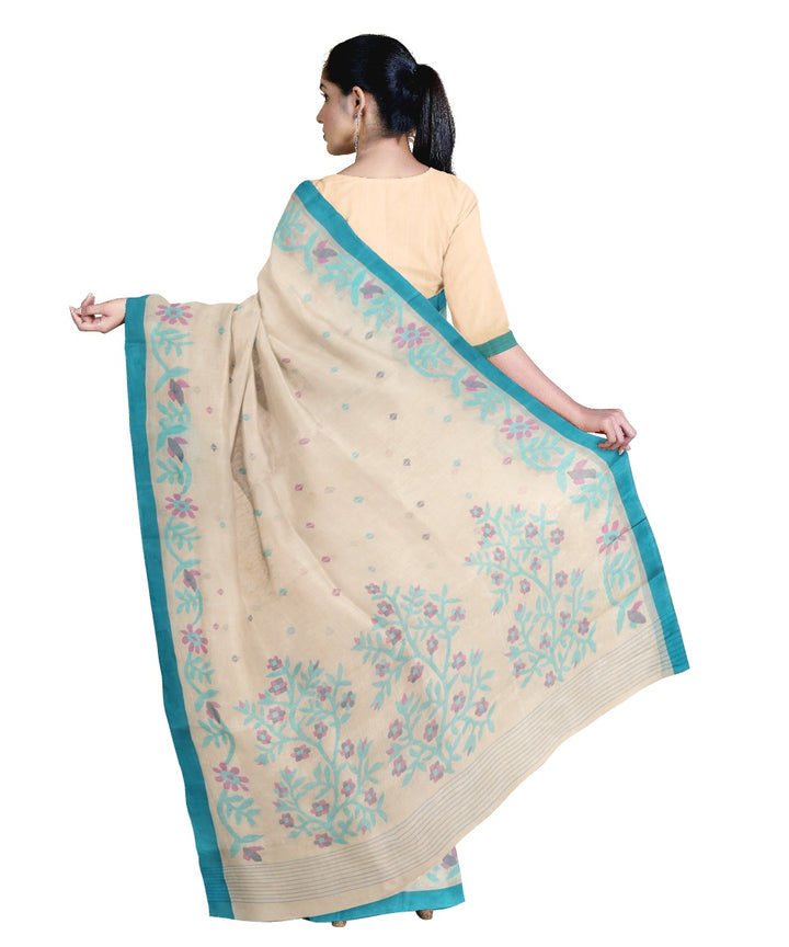 Tantuja beige blue handloom cotton jamdani saree