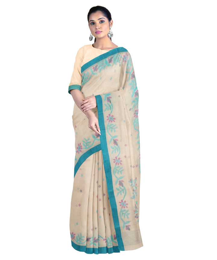 Tantuja beige blue handloom cotton jamdani saree