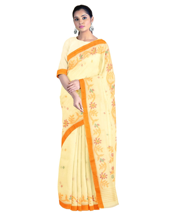 Tantuja pale yellow orange handloom cotton jamdani saree