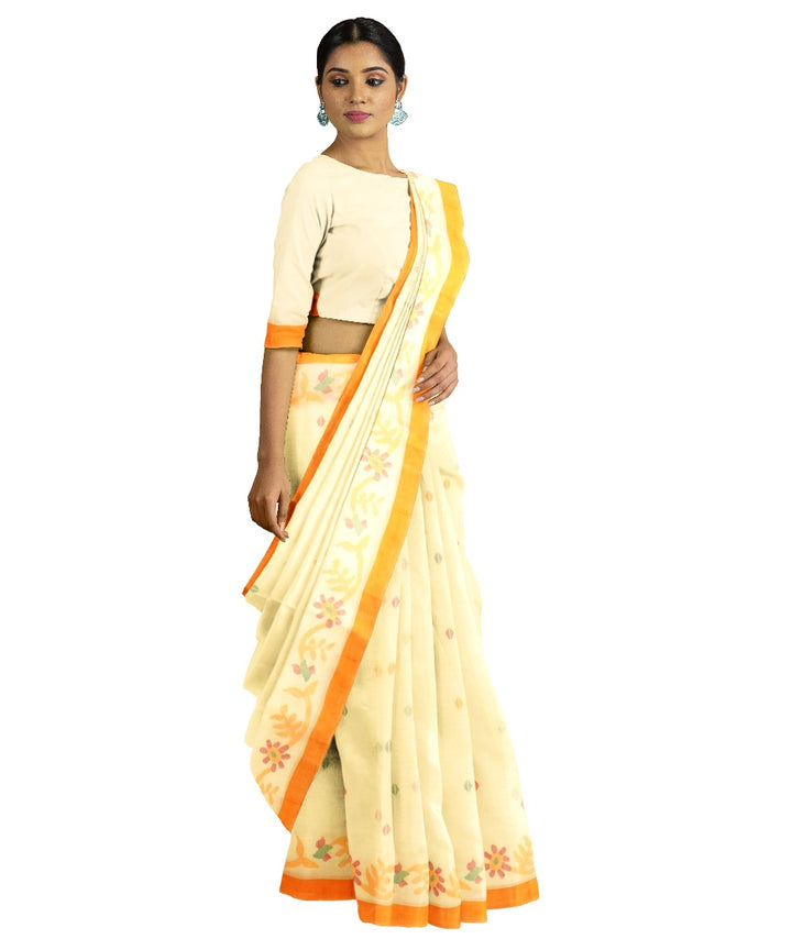 Tantuja pale yellow orange handloom cotton jamdani saree