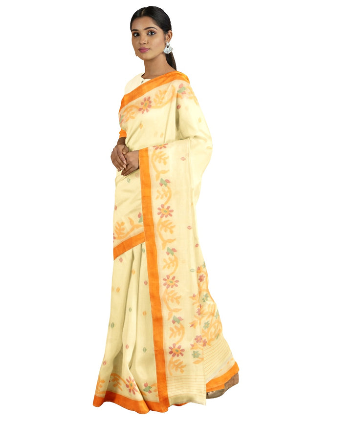 Tantuja pale yellow orange handloom cotton jamdani saree