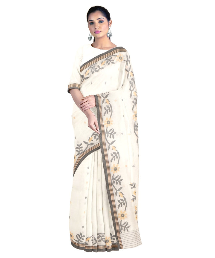 Tantuja beige with dark brown handloom cotton jamdani saree