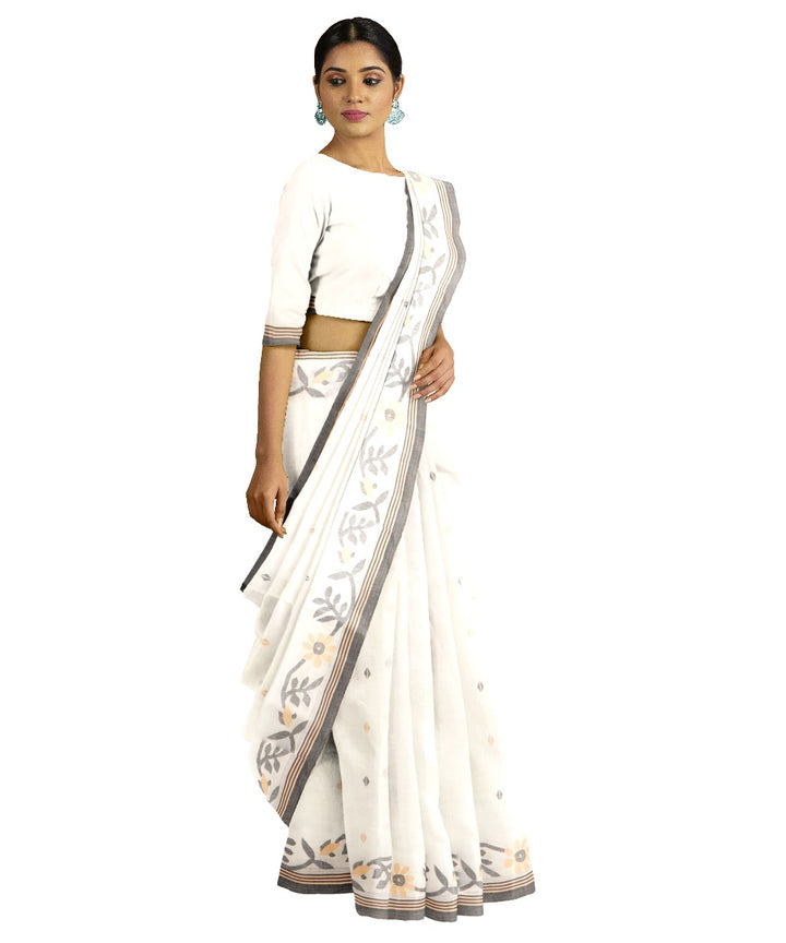 Tantuja beige with dark brown handloom cotton jamdani saree