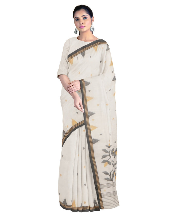 Tantuja cream grey handloom cotton silk jamdani saree
