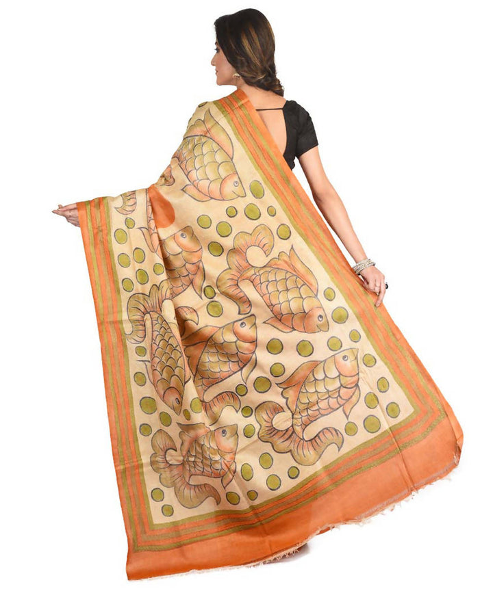 Orange exclusive bengal tasar saree with hand embroidery work