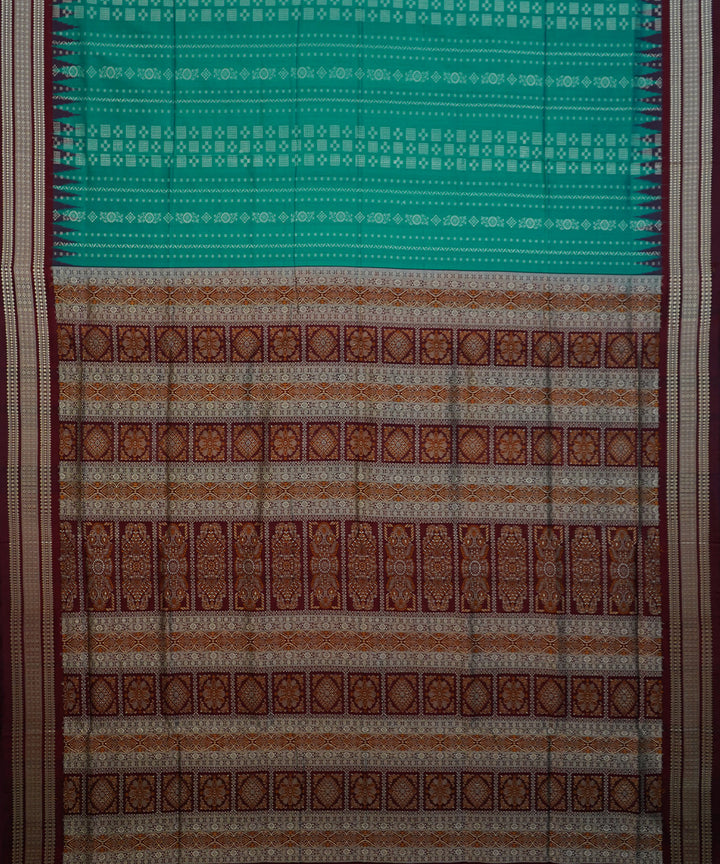 Cyan green and maroon handwoven silk bomkai saree