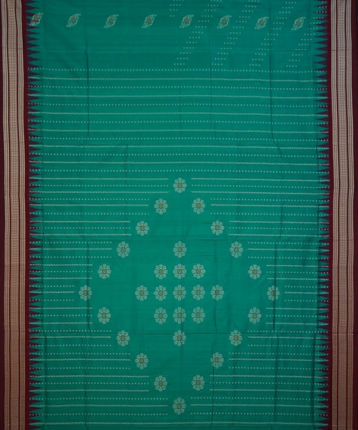 Cyan green and maroon handwoven silk bomkai saree