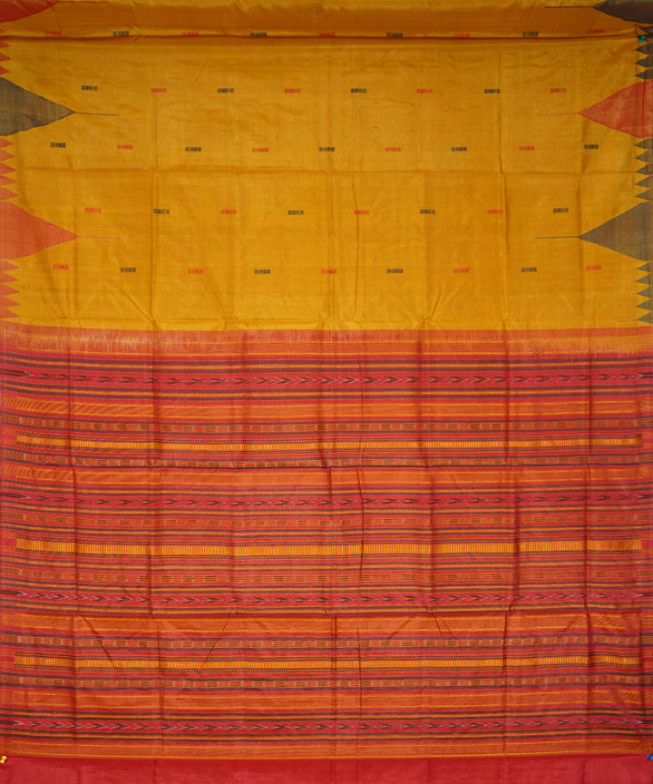Serifed yellow and red tussar silk handwoven saree