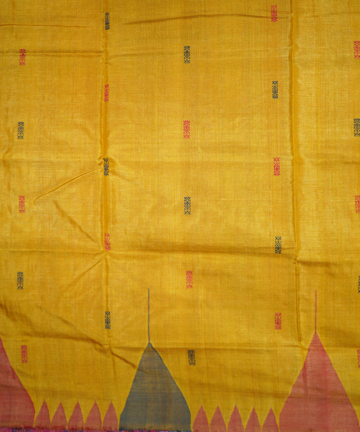 Serifed yellow and red tussar silk handwoven saree