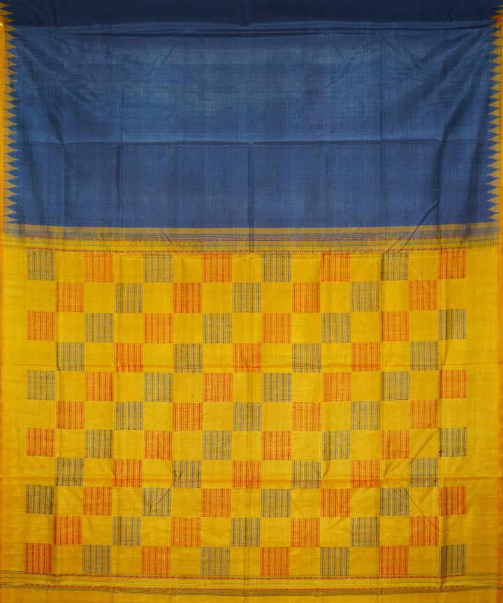 Serifed navy blue yellow tussar silk handloom saree