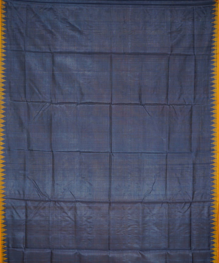 Serifed navy blue yellow tussar silk handloom saree