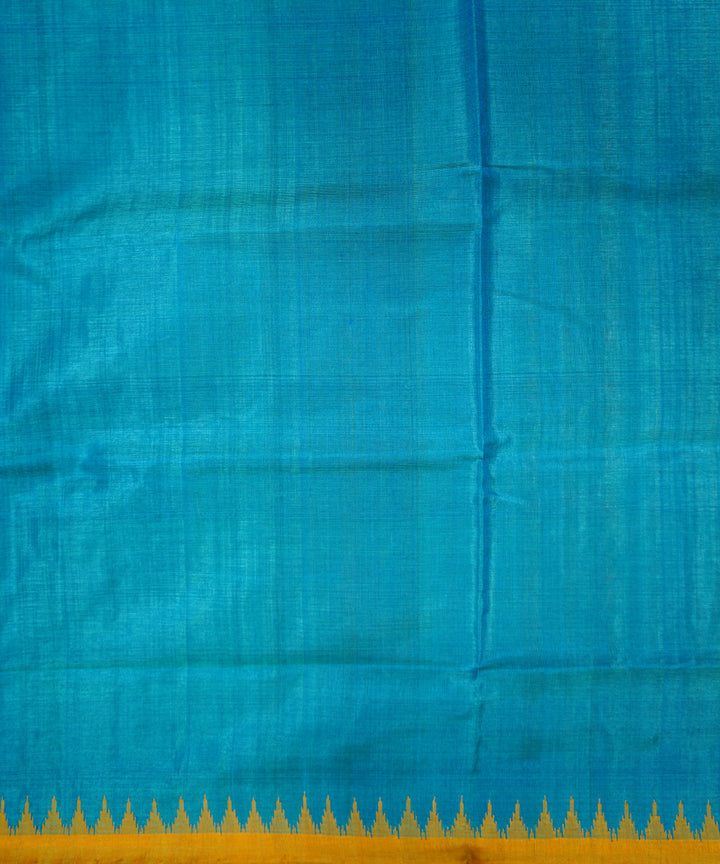 Serifed sky blue yellow tussar silk handloom saree