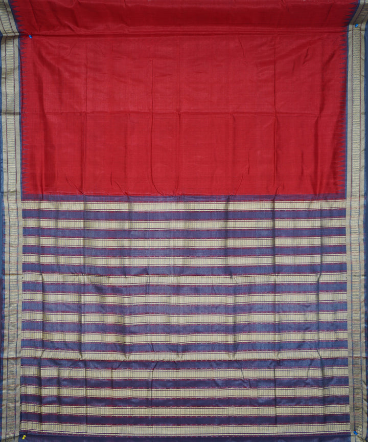 Serifed red blue tussar silk handloom saree